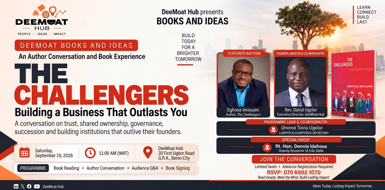 DeeMoat Books and Ideas inaugural event flyer for The Challengers, taking place Saturday, 19 September 2026 at 11:00 a.m. at DeeMoat Hub in Benin City