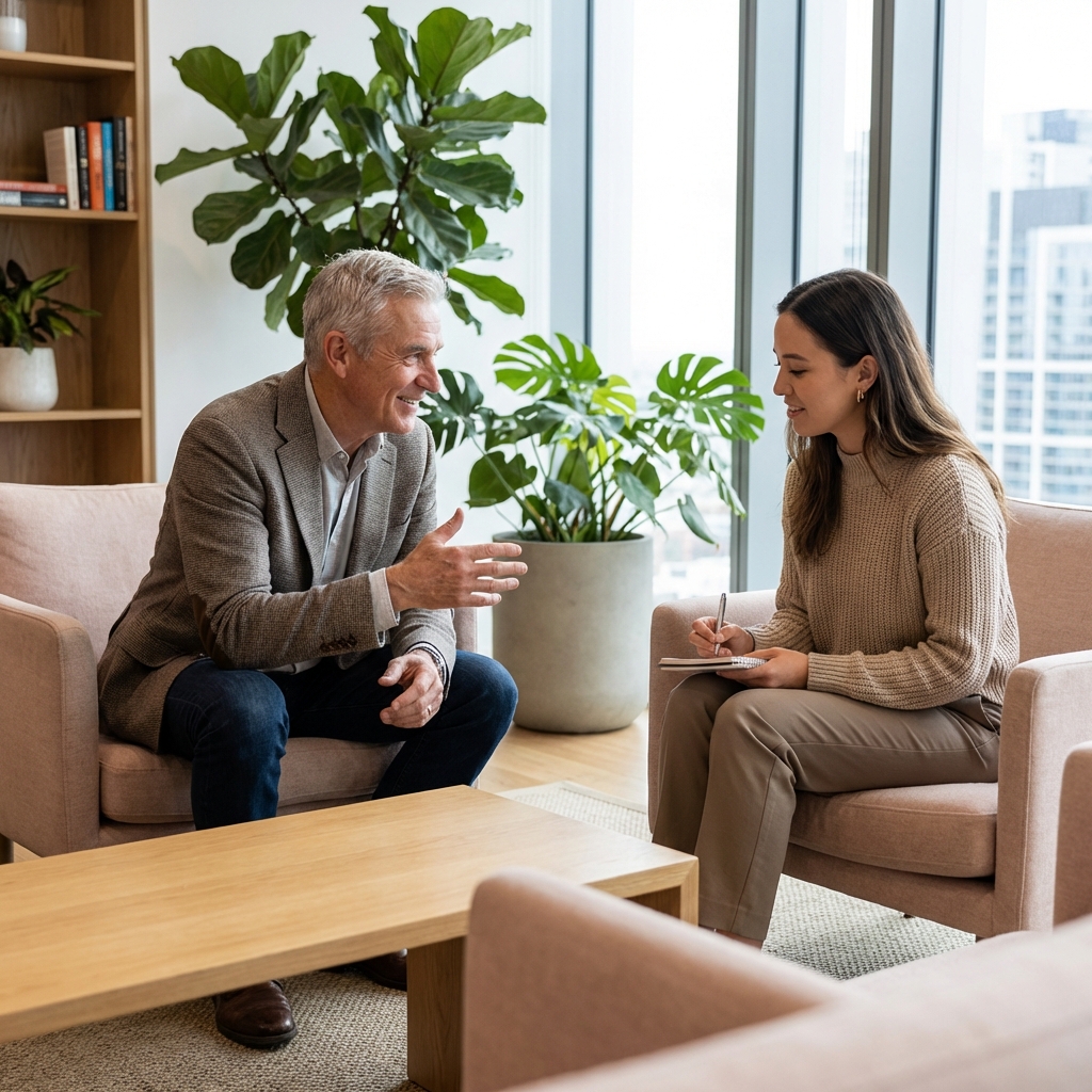 Mentor and mentee in a discussion